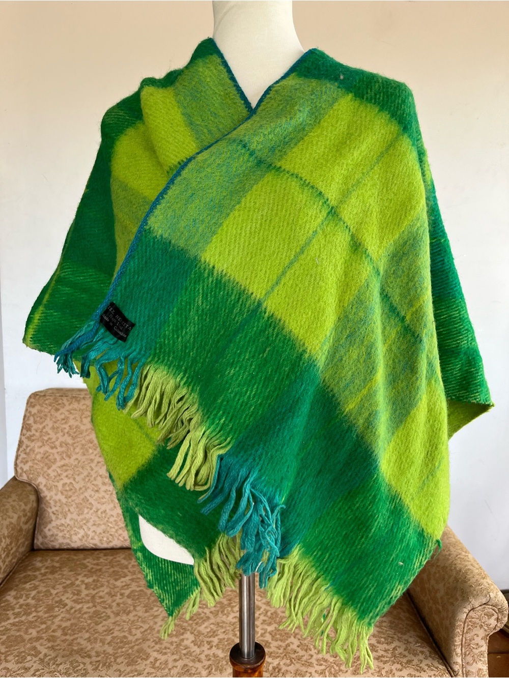 Wool poncho / shrug from Columbia. Green plaid